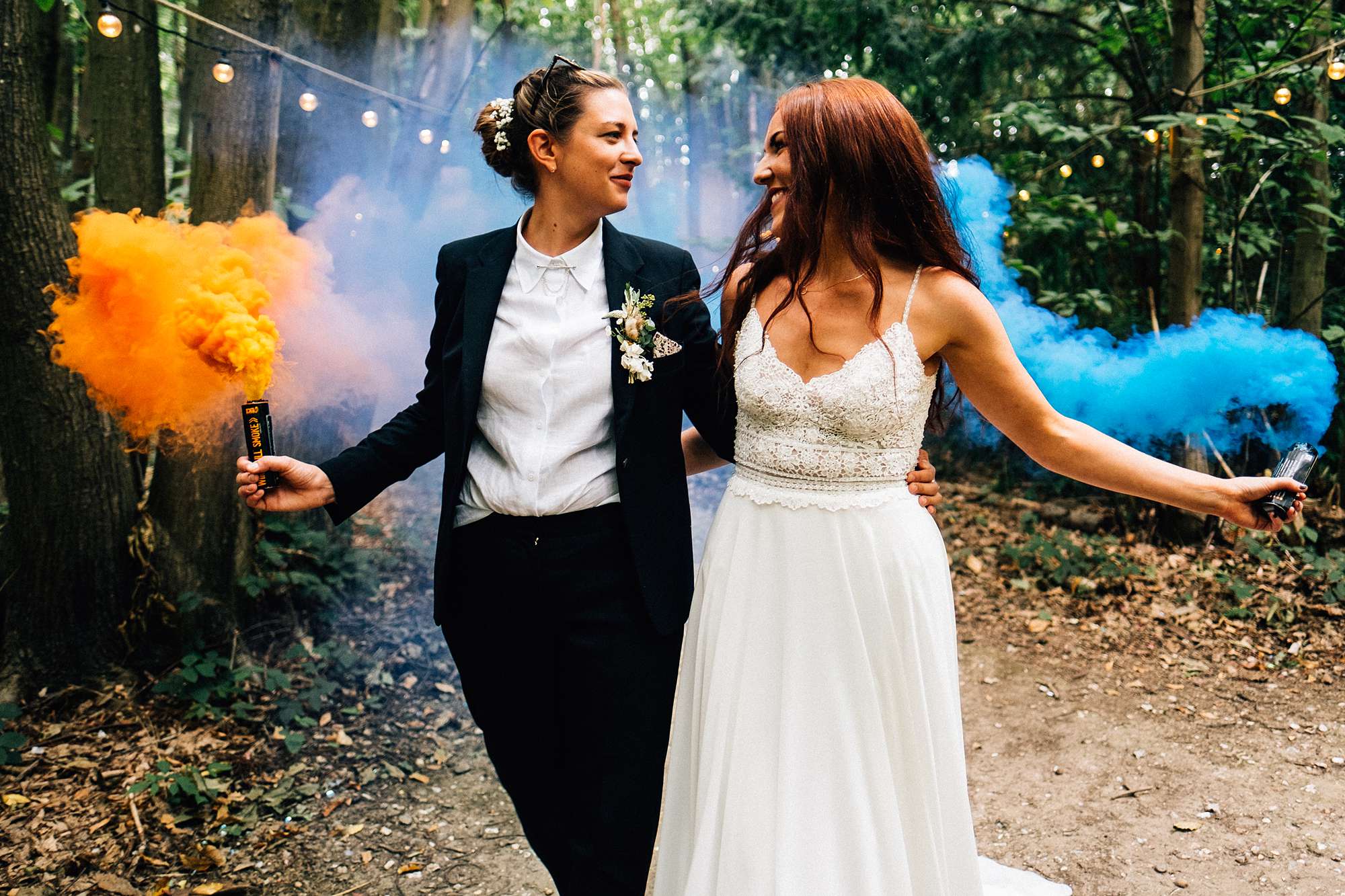 Smoke bombs at The Dreys woodland wedding with Vicky and Hollie.