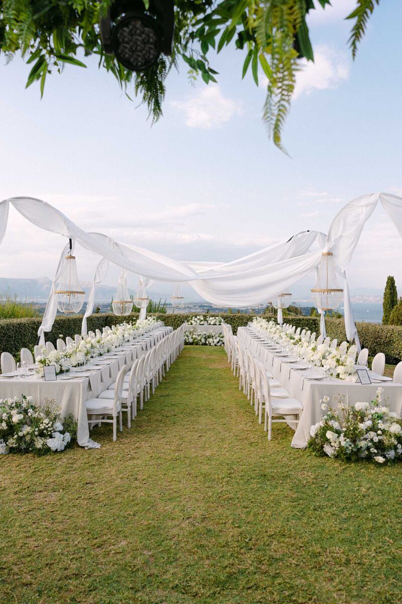 Long tables designed for a wedding at Ekaterini Estate in Corfu