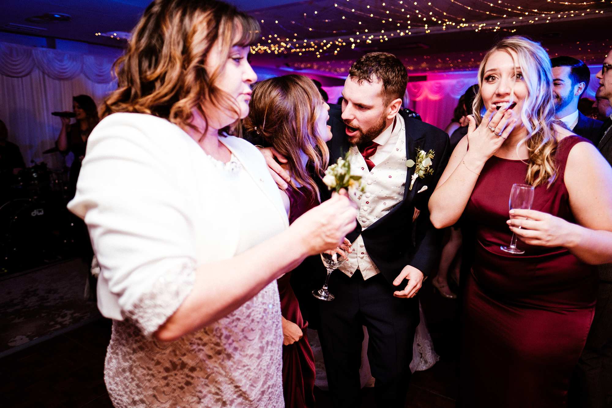 Evening party at a February wedding at Highfield Park in Hampshire